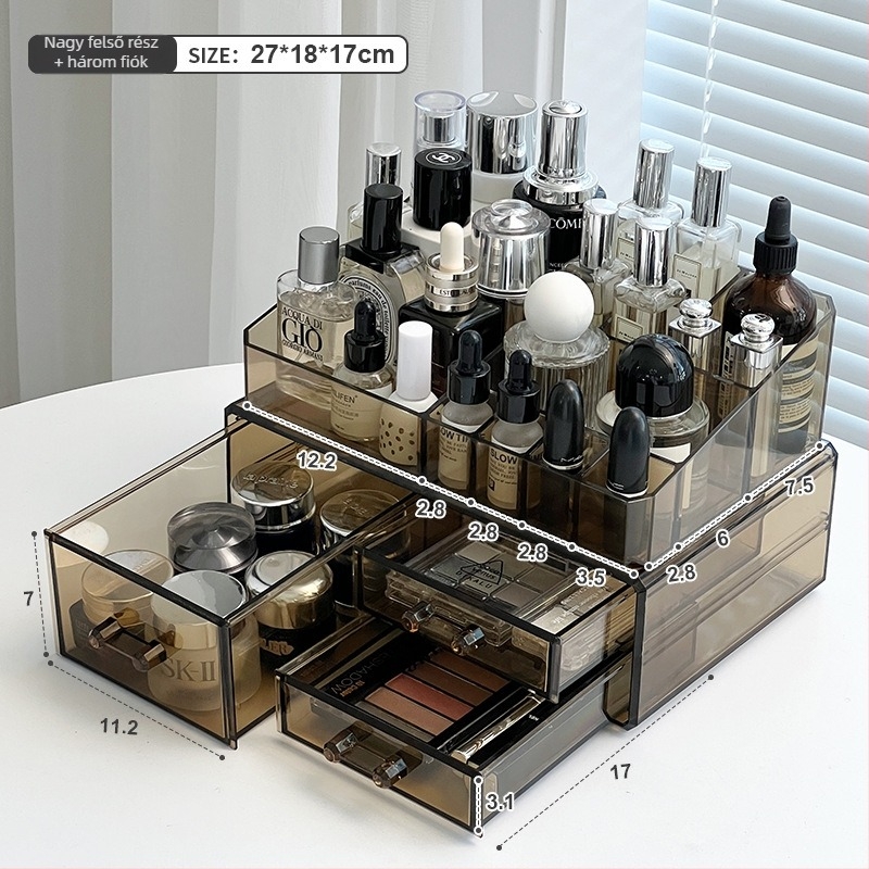 Sminktároló doboz fiókokkal, átlátszó PS anyag, modell All-in-one amber cosmetic case, 18 L kapacitás