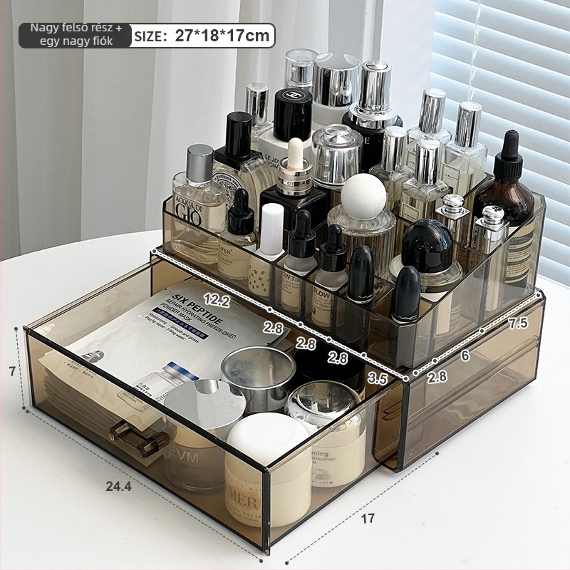Sminktároló doboz fiókokkal, átlátszó PS anyag, modell All-in-one amber cosmetic case, 18 L kapacitás
