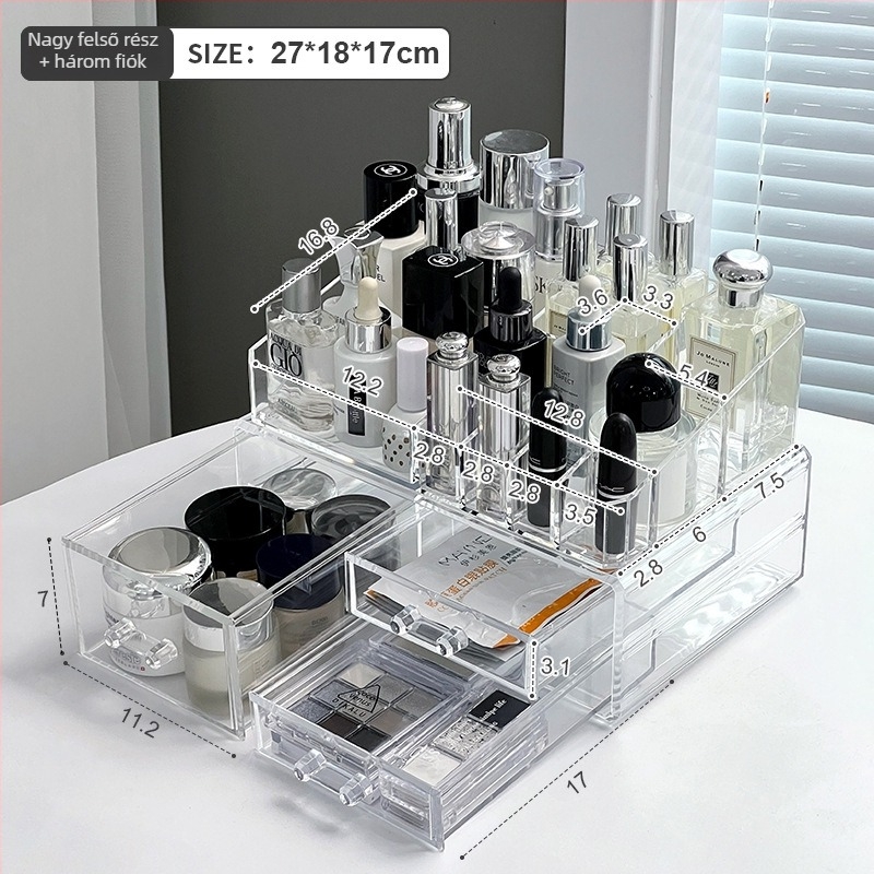 Sminktároló doboz fiókokkal, átlátszó PS anyag, modell All-in-one amber cosmetic case, 18 L kapacitás