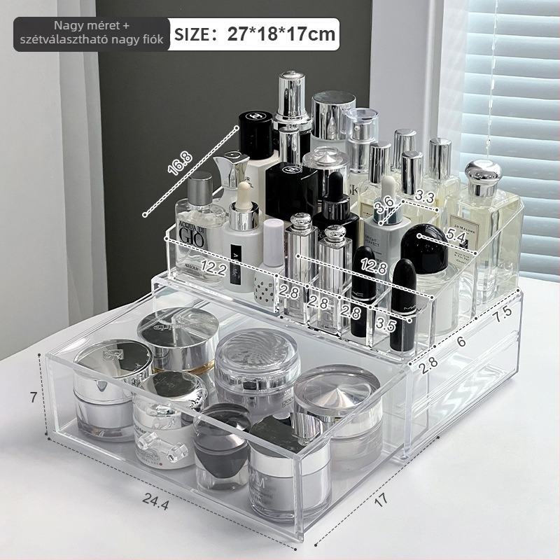 Sminktároló doboz fiókokkal, átlátszó PS anyag, modell All-in-one amber cosmetic case, 18 L kapacitás