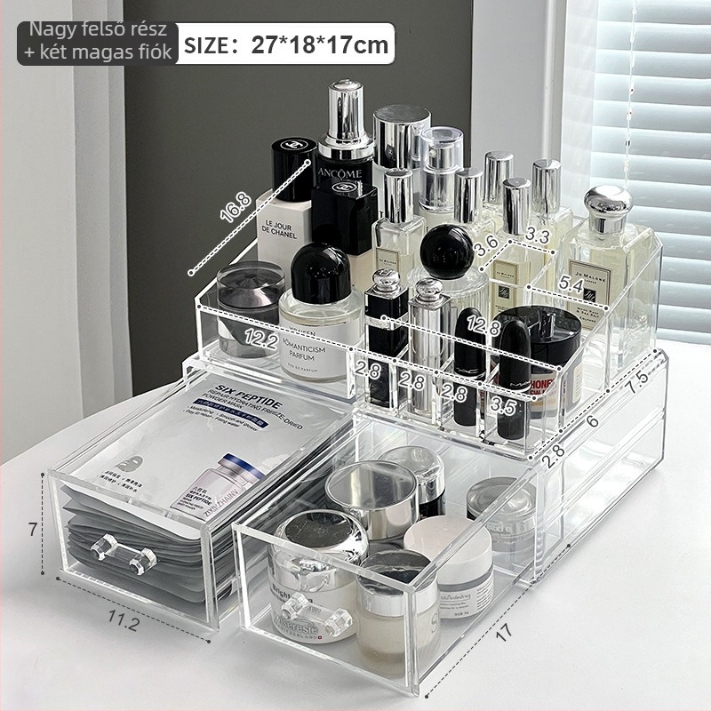 Sminktároló doboz fiókokkal, átlátszó PS anyag, modell All-in-one amber cosmetic case, 18 L kapacitás