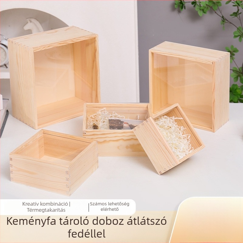 Fából készült ajándékkosár akril húzható fedéllel | Modell A | fenyőfa | kézműves | testreszabott logó