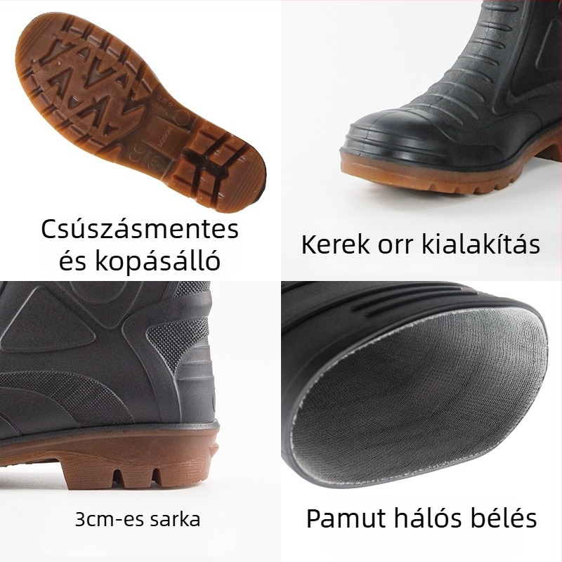 PVC munkavédelmi esőcsizma acélorrával, magas szárú, műanyag talppal, vízálló és csúszásmentes