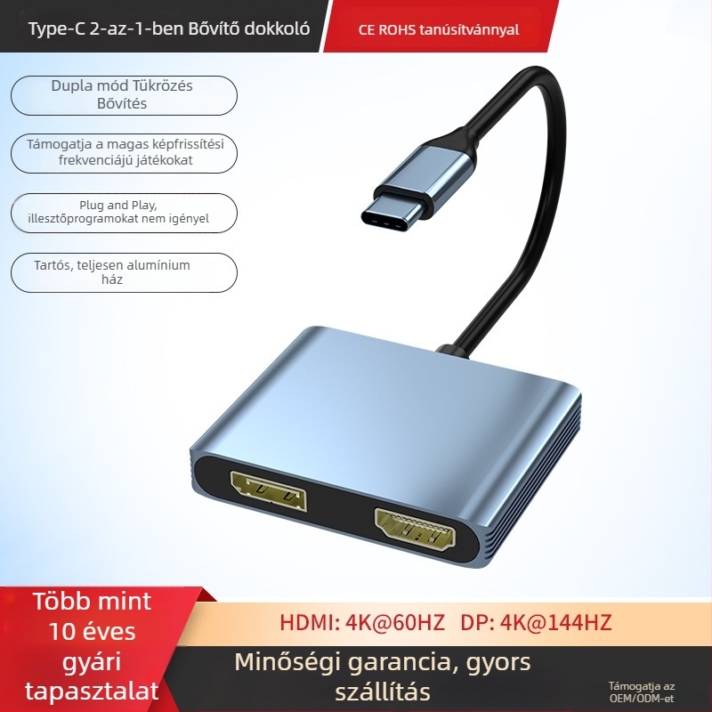 USB-C HDMI/DP dokkoló MST 4K 144 Hz felosztó, gaming PC-hez