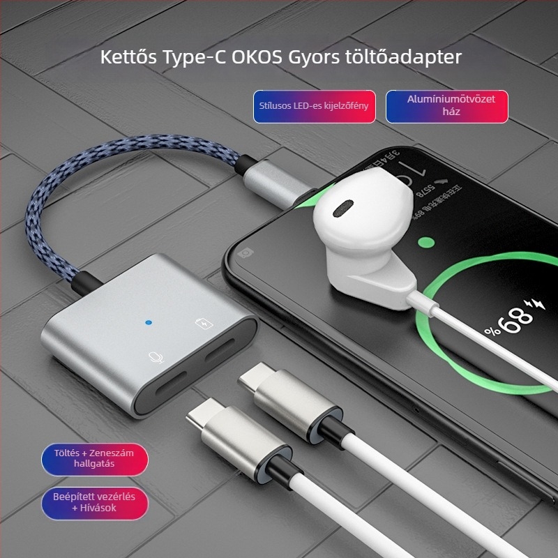 Type-C hangadapter 3,5 mm jackkal, 2-in-1 fejhallgató csatlakozó, Android-kompatibilitás, U-Shield, 60W