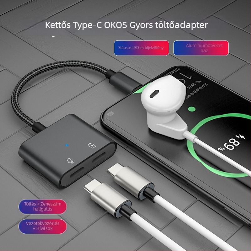 Type-C hangadapter 3,5 mm jackkal, 2-in-1 fejhallgató csatlakozó, Android-kompatibilitás, U-Shield, 60W