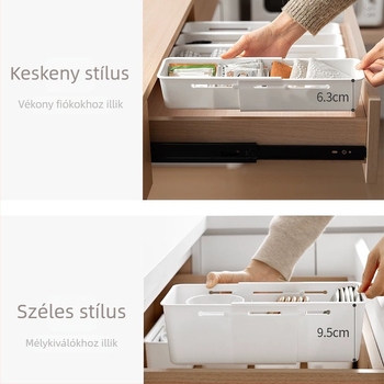 Fiókban tároló doboz, japán stílus, rekeszes, PP műanyag, 2 literes kapacitás, modellek 8094 keskeny és 8095 széles