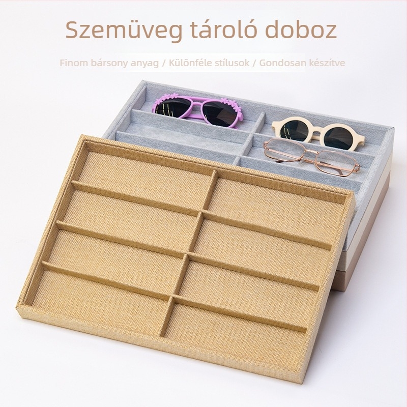 Szemüveg kiállító doboz kompozit anyagból, szállítási csomagolás, egy polietilén tasak a külső dobozban, szemüveg kiállítására és tárolására, ékszer csomagolás.
