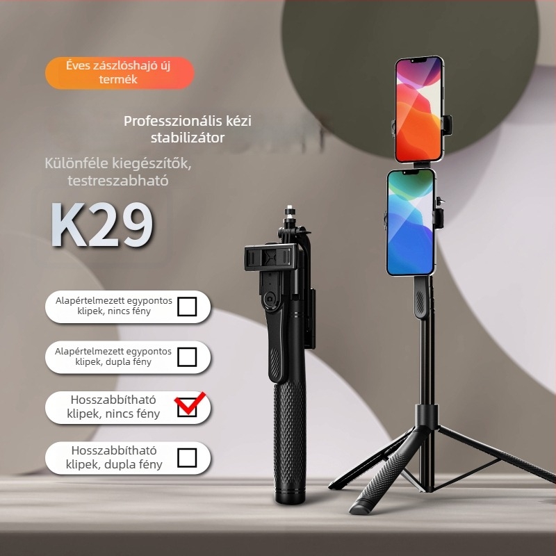 K29 Bluetooth Önjselfie Pálca Kézi Stabilizátorral, Antivibráció, LED Világítás, Ötvözet Test, Távirányítóval, Univerzális Padlón Állvány