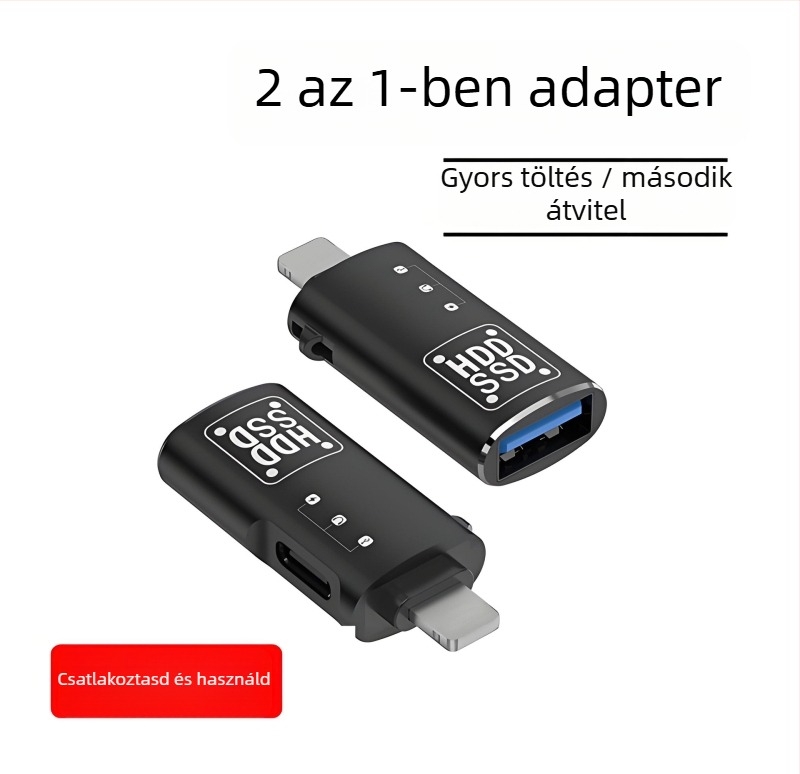 Fém kivitelű Type-C–Lightning OTG adapter gyors adatátvitel USB-meghajtókhoz és zenehallgatáshoz fejhallgatóval.