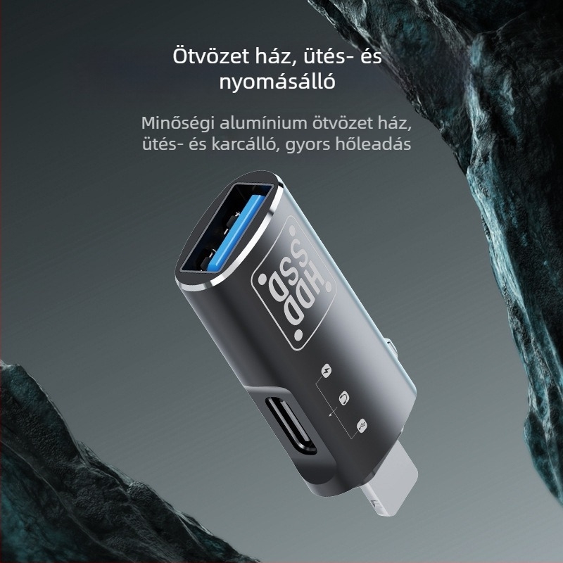Fém kivitelű Type-C–Lightning OTG adapter gyors adatátvitel USB-meghajtókhoz és zenehallgatáshoz fejhallgatóval.