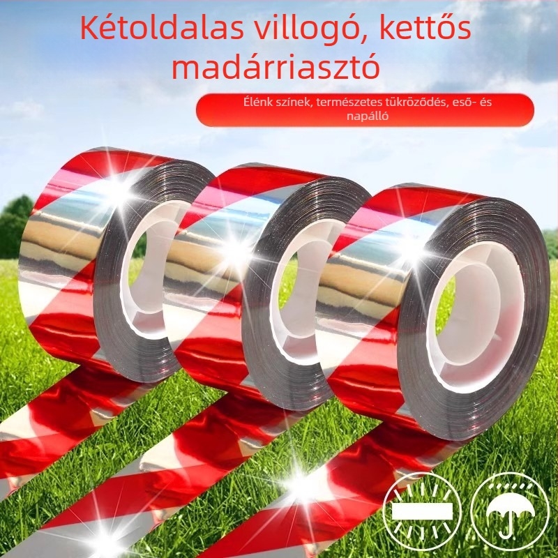 Madárriasztó szalag földműves területekre, PET anyag, fényvisszaverő, villogó, megerősített