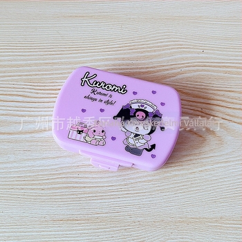 Tablettás doboz, 6 rekesz, porvédett felnyíló fedél, hordozható PP műanyag, rajzfilmszerű aranyos stílus, méretek 9 x 6 x 2,5 cm