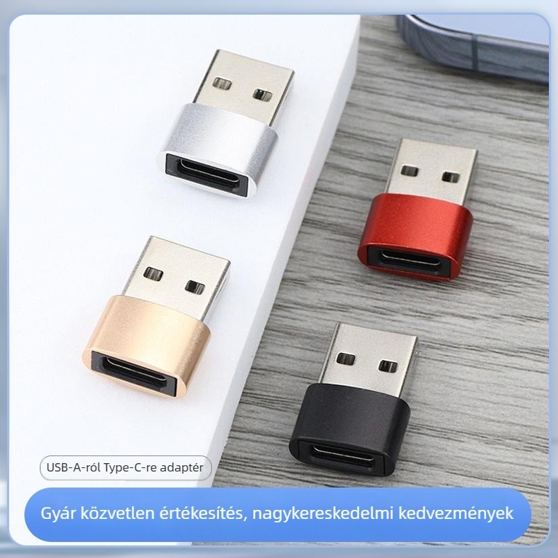 USB 2.0 A férfi USB-C női adapter adatkábellel, alumíniumötvözet csatlakozó, univerzális kompatibilitás