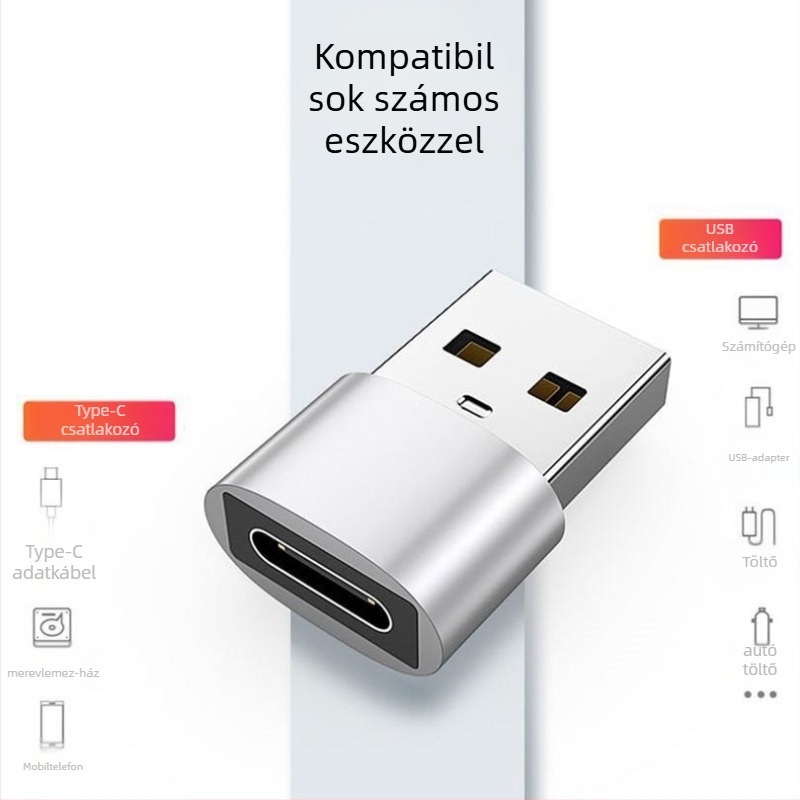 USB 2.0 A férfi USB-C női adapter adatkábellel, alumíniumötvözet csatlakozó, univerzális kompatibilitás