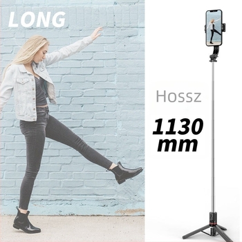Szelfi bot képstabilizálással, kihúzható kialakítás, kézi és padlóra álló háromlábú állvány, Bluetooth távirányító, ABS és rozsdamentes acél
