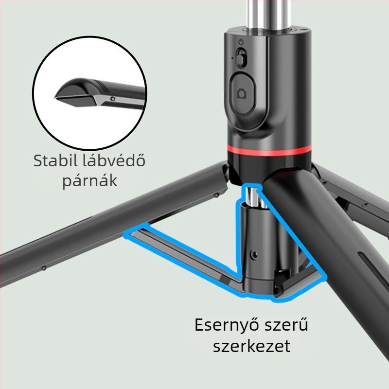 Szelfi bot képstabilizálással, kihúzható kialakítás, kézi és padlóra álló háromlábú állvány, Bluetooth távirányító, ABS és rozsdamentes acél