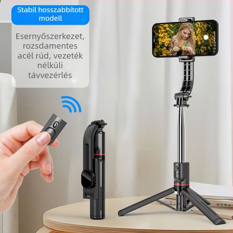 Szelfi bot képstabilizálással, kihúzható kialakítás, kézi és padlóra álló háromlábú állvány, Bluetooth távirányító, ABS és rozsdamentes acél