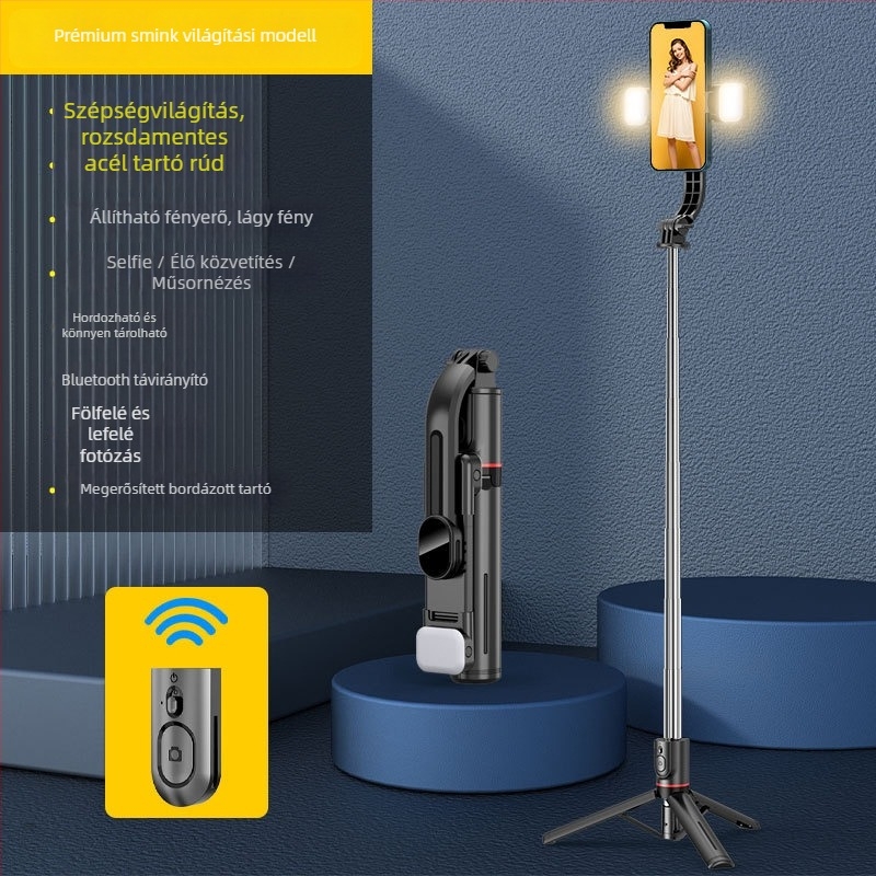 Szelfi bot képstabilizálással, kihúzható kialakítás, kézi és padlóra álló háromlábú állvány, Bluetooth távirányító, ABS és rozsdamentes acél