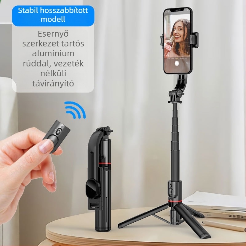 Szelfi bot képstabilizálással, kihúzható kialakítás, kézi és padlóra álló háromlábú állvány, Bluetooth távirányító, ABS és rozsdamentes acél