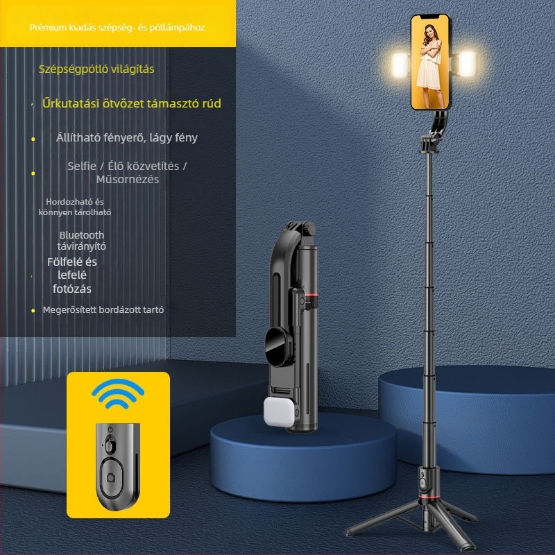 Szelfi bot képstabilizálással, kihúzható kialakítás, kézi és padlóra álló háromlábú állvány, Bluetooth távirányító, ABS és rozsdamentes acél