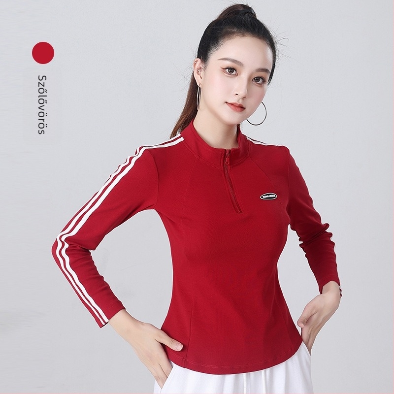 Női square dance szett — hosszú ujjú félzipzáros felső és nadrág, egyszínű pamut anyag, 92% pamut, tavasz–ősz–télre