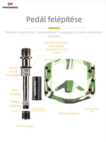 Promend PD-R65 kerékpárpedál, nylon testtel és króm-molibden acélból készült tengellyel, mountain és road kerékpárokhoz