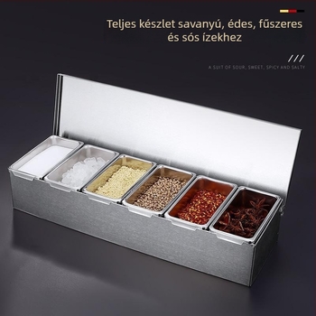 Rozsdamentes acél fűszertartó doboz fedővel, több rekeszes elrendezéssel, konyha és étterem számára