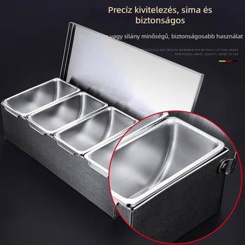 Rozsdamentes acél fűszertartó doboz fedővel, több rekeszes elrendezéssel, konyha és étterem számára