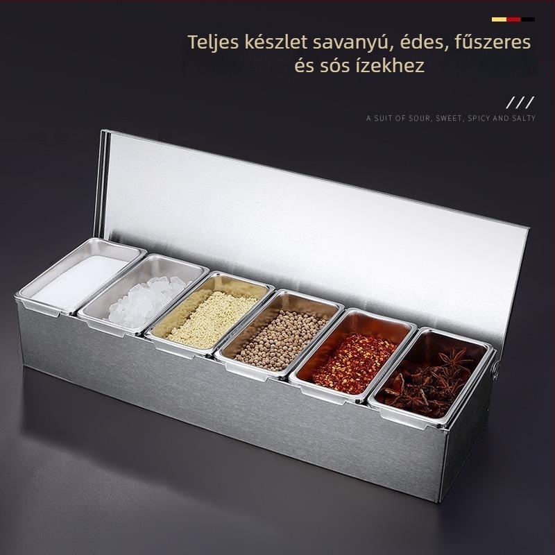 Rozsdamentes acél fűszertartó doboz fedővel, több rekeszes elrendezéssel, konyha és étterem számára
