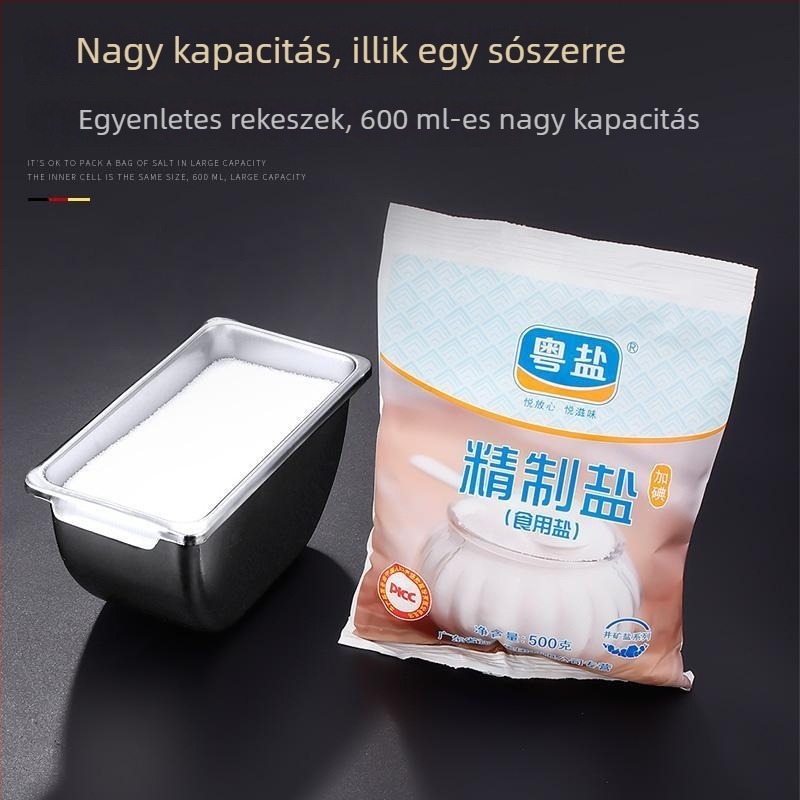 Rozsdamentes acél fűszertartó doboz fedővel, több rekeszes elrendezéssel, konyha és étterem számára