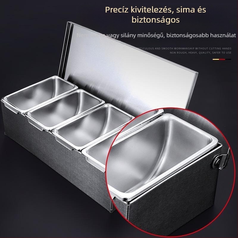 Rozsdamentes acél fűszertartó doboz fedővel, több rekeszes elrendezéssel, konyha és étterem számára