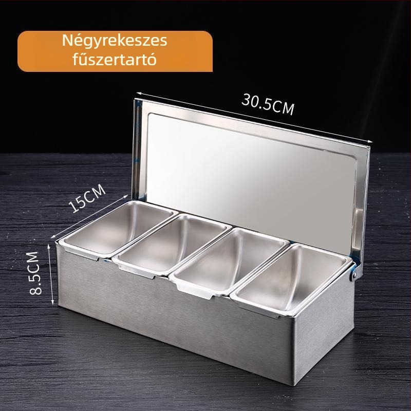 Rozsdamentes acél fűszertartó doboz fedővel, több rekeszes elrendezéssel, konyha és étterem számára