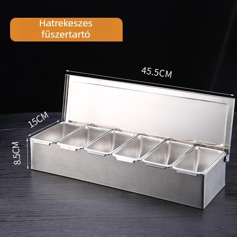 Rozsdamentes acél fűszertartó doboz fedővel, több rekeszes elrendezéssel, konyha és étterem számára