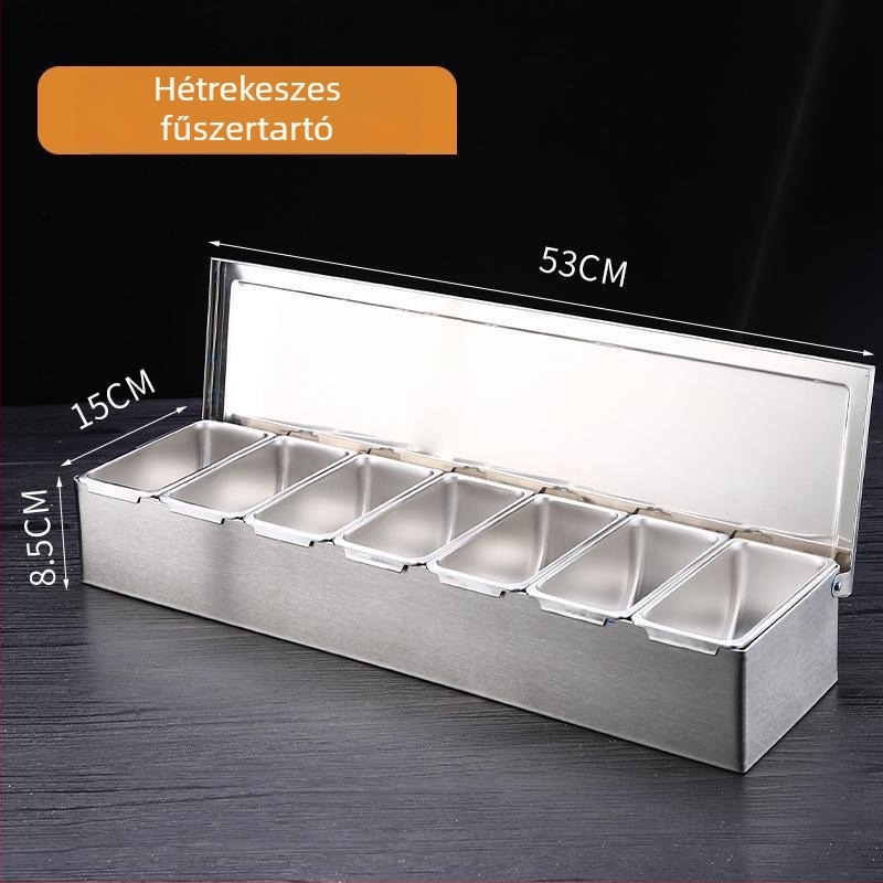 Rozsdamentes acél fűszertartó doboz fedővel, több rekeszes elrendezéssel, konyha és étterem számára