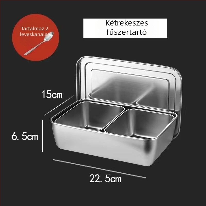 Rozsdamentes acél fűszertartó doboz fedővel, több rekeszes elrendezéssel, konyha és étterem számára