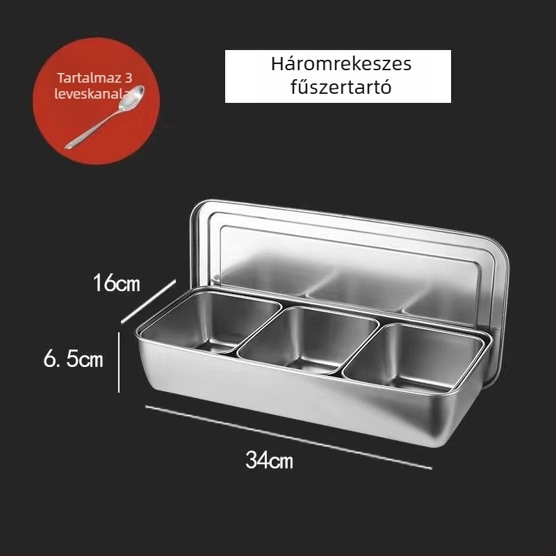 Rozsdamentes acél fűszertartó doboz fedővel, több rekeszes elrendezéssel, konyha és étterem számára