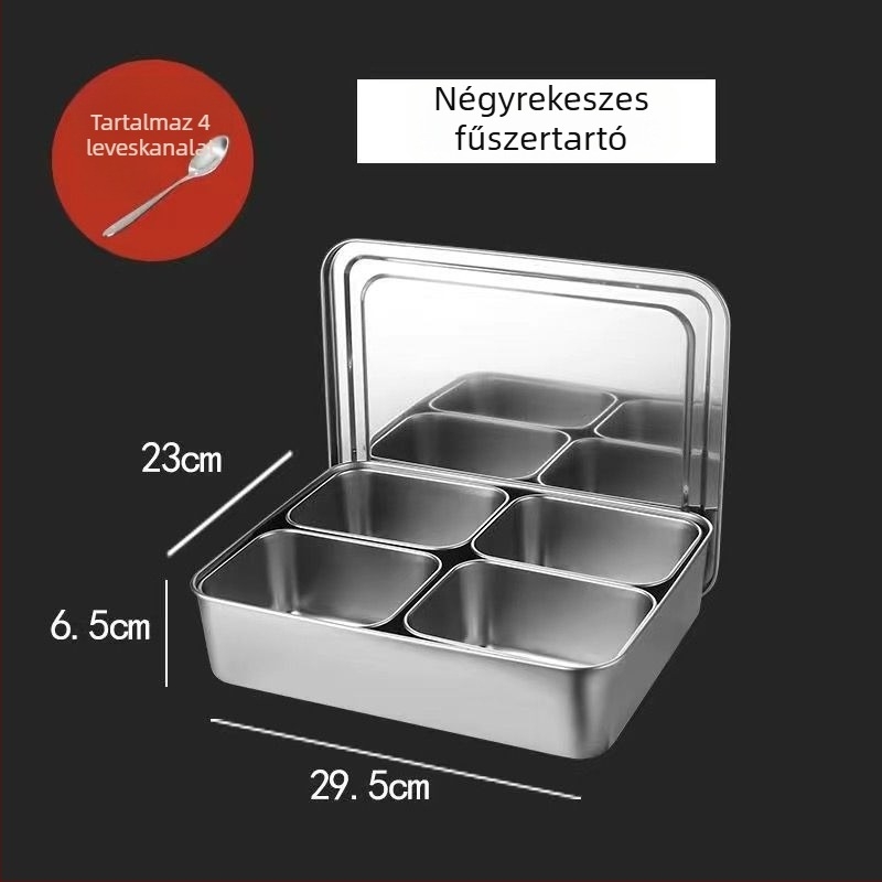 Rozsdamentes acél fűszertartó doboz fedővel, több rekeszes elrendezéssel, konyha és étterem számára
