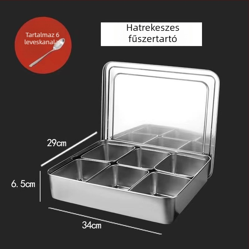 Rozsdamentes acél fűszertartó doboz fedővel, több rekeszes elrendezéssel, konyha és étterem számára