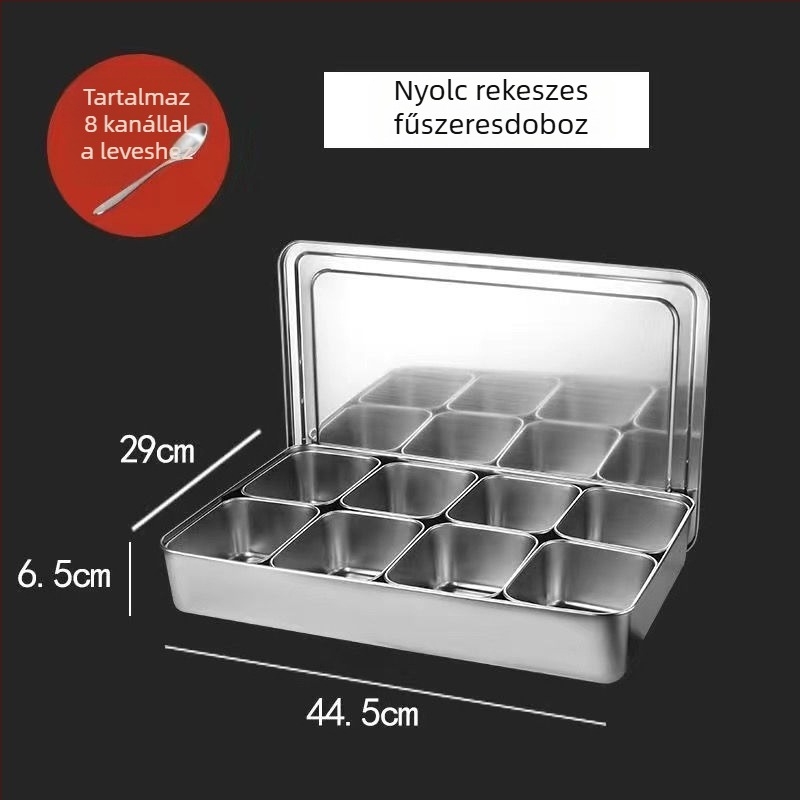 Rozsdamentes acél fűszertartó doboz fedővel, több rekeszes elrendezéssel, konyha és étterem számára