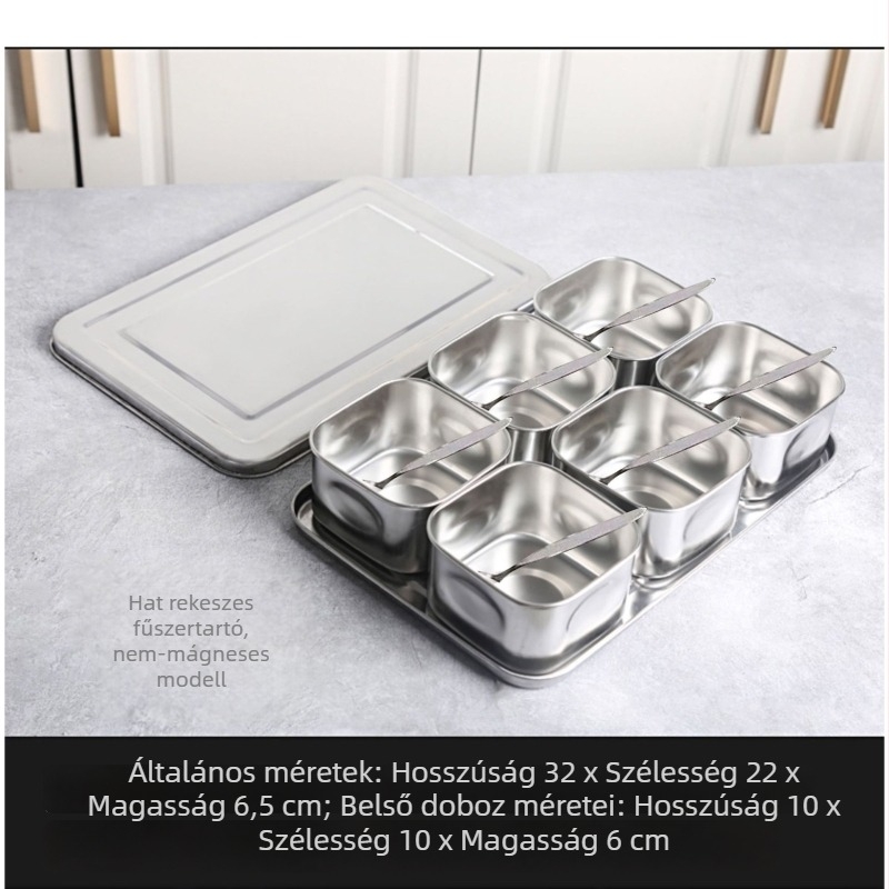 Rozsdamentes acél fűszertartó doboz fedővel, több rekeszes elrendezéssel, konyha és étterem számára