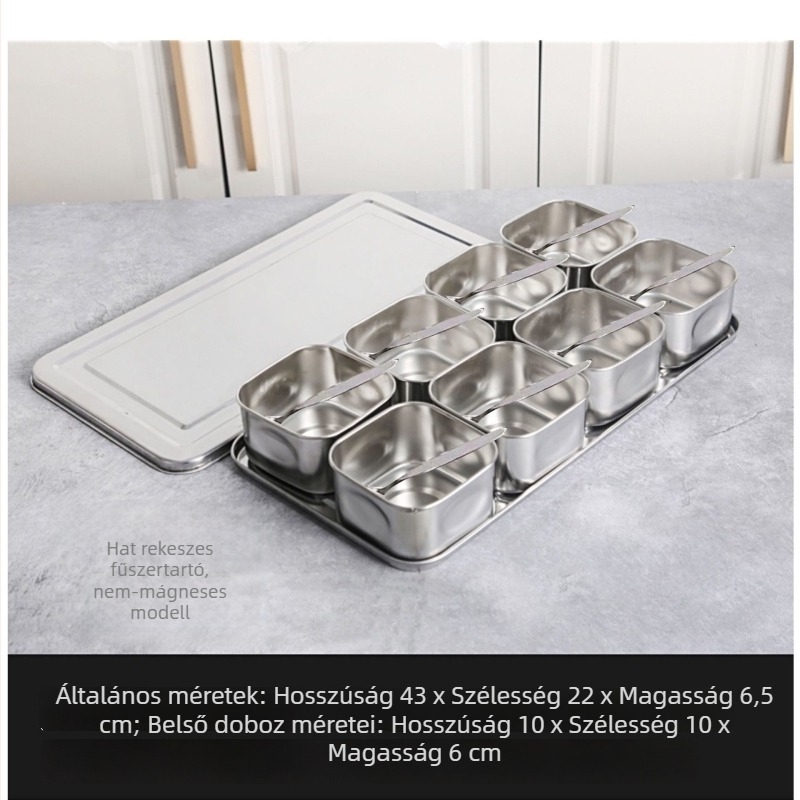 Rozsdamentes acél fűszertartó doboz fedővel, több rekeszes elrendezéssel, konyha és étterem számára