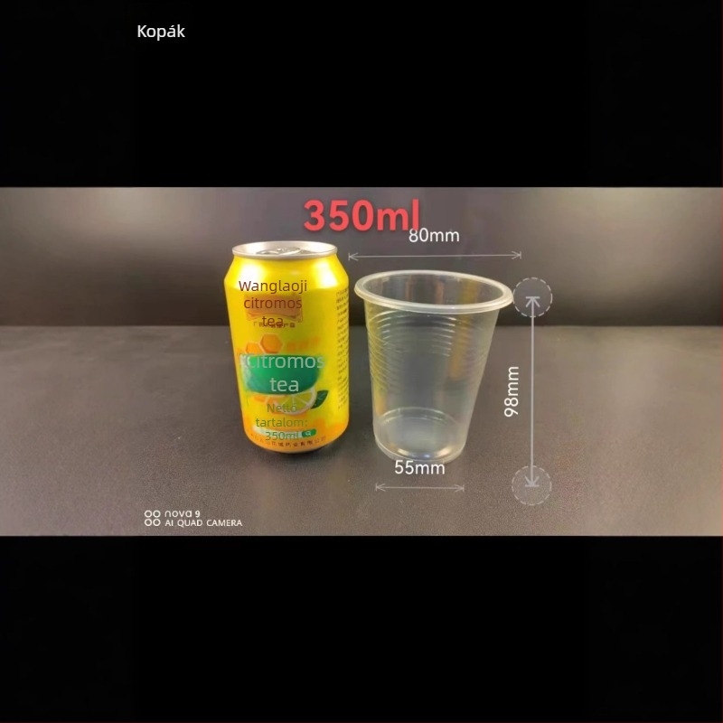 Egyszer használatos műanyag poharak, átlátszó, köralakú, logónyomással, testre szabható, 800 darabos csomag