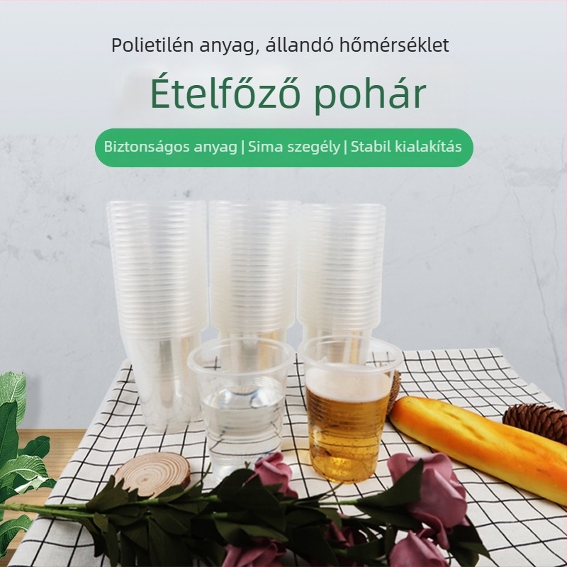 Egyszer használatos műanyag poharak, átlátszó, köralakú, logónyomással, testre szabható, 800 darabos csomag