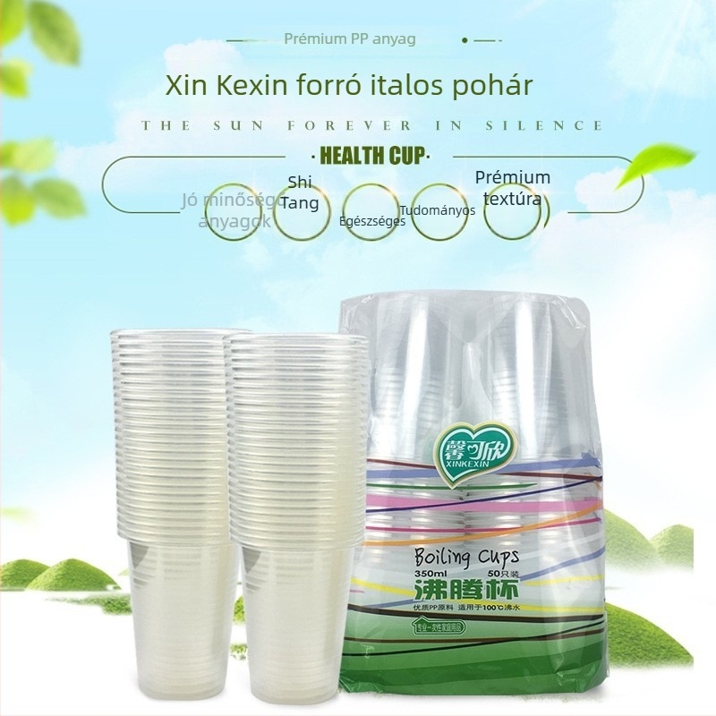 Egyszer használatos műanyag poharak, átlátszó, köralakú, logónyomással, testre szabható, 800 darabos csomag