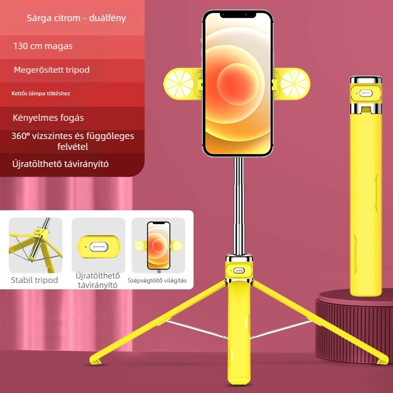 M03S négylábú állvány Bluetooth selfie bot LED világítással; Anyag: rozsdamentes acél + ABS; Távirányító; Modell: M03/M03S
