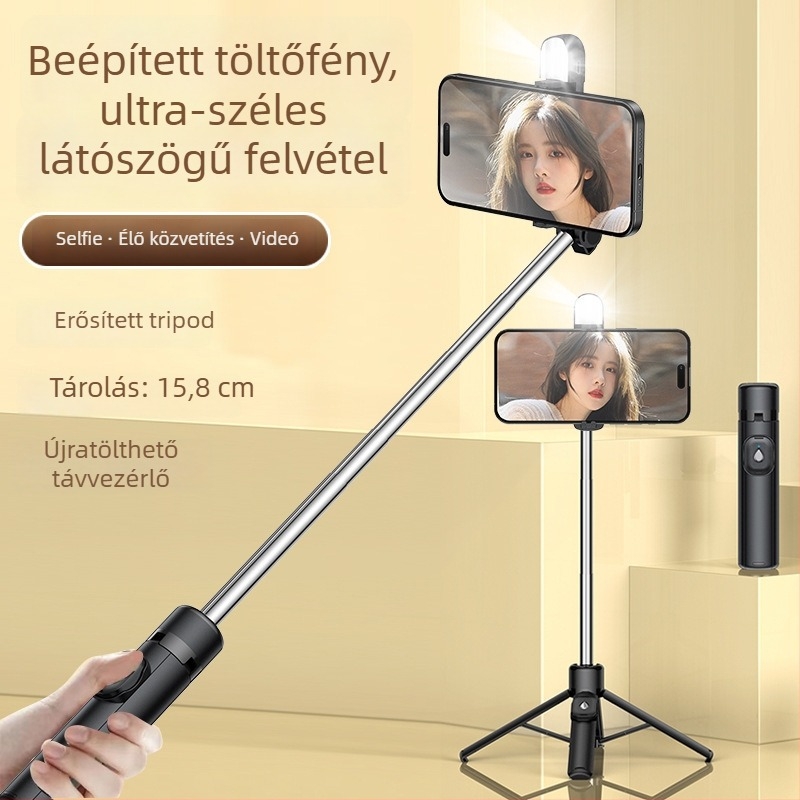 Mini selfie bot quadpod világítással, Bluetooth távirányítóval, ABS + rozsdamentes acél, univerzális telefonhoz, önarcképekhez és élő közvetítéshez