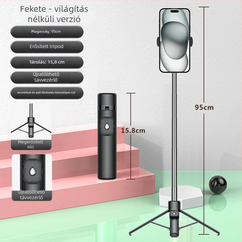 Mini selfie bot quadpod világítással, Bluetooth távirányítóval, ABS + rozsdamentes acél, univerzális telefonhoz, önarcképekhez és élő közvetítéshez