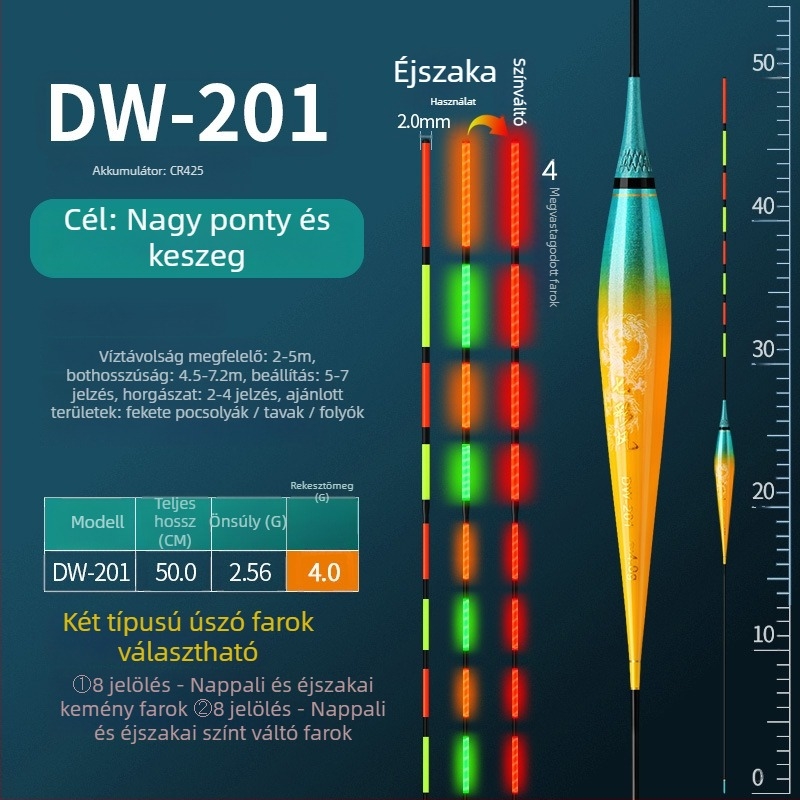 Vertical Drift horgászúszó – világító, merev vég, vastag test, Nano anyag, nappal és éjszaka használható