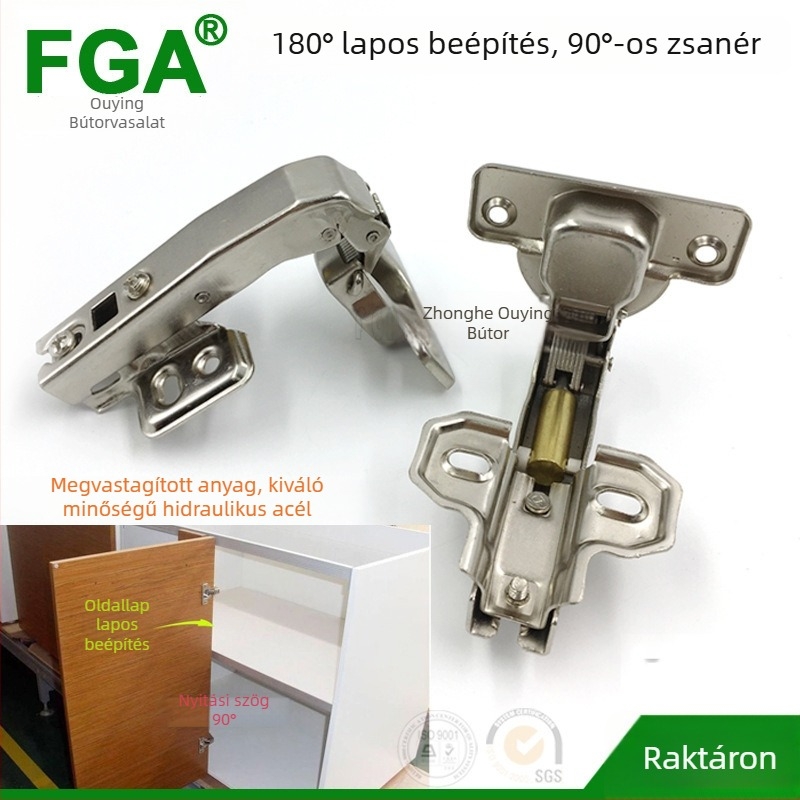 FG-90 hidraulikus szekrényajtó pánt, 180°-os nyitás és 90°-os sarokajtóhoz, nikkelezett felület, bútor hardver